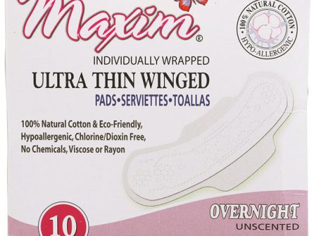 MAXIM - Natural Cotton Ultra Thin Winged Pads Overnight - 10 Pieces Supply